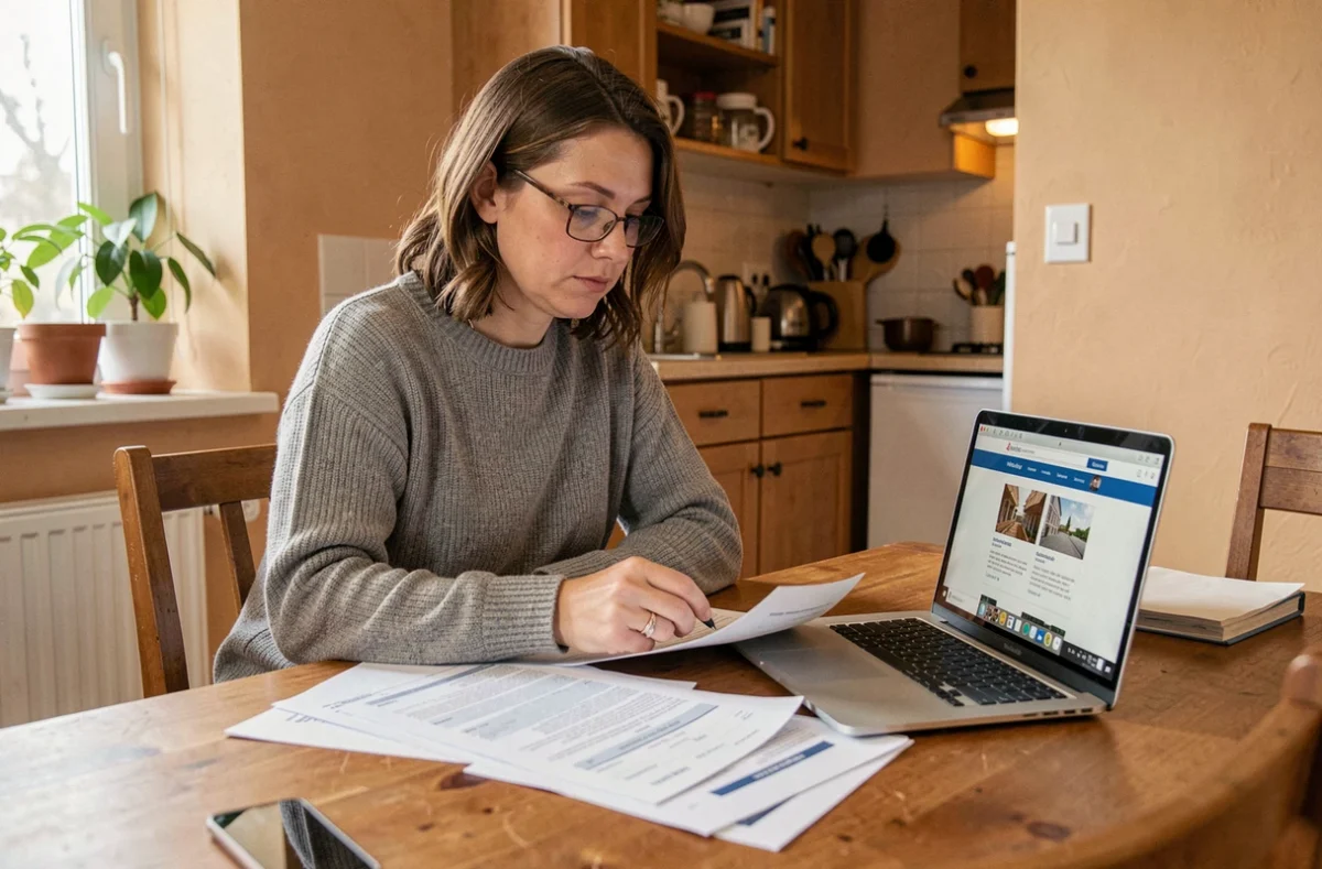 Femme consultant des documents d'assurance habitation dans un appartement T2 avec un ordinateur portable