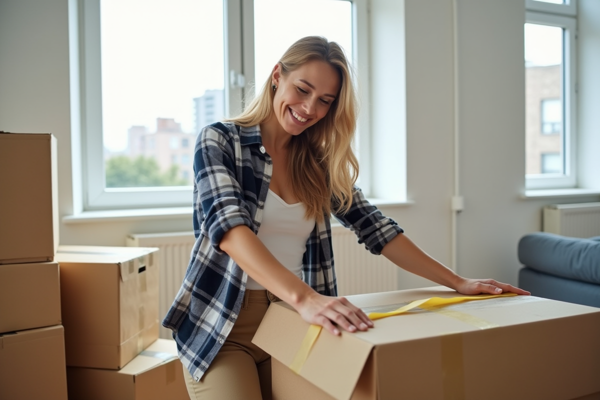 Femme emballant une caisse dans un appartement lumineux