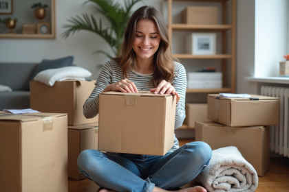 Jeune femme emballant une boxe dans un appartement parisien