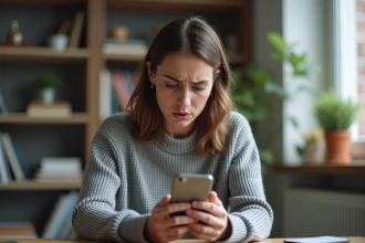 Femme frustrée regardant une erreur sur l'application MyCitya depuis son bureau à domicile