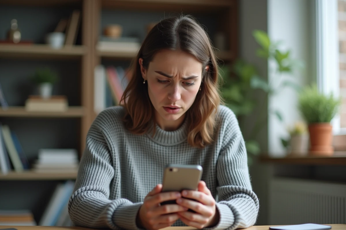 Femme frustrée regardant une erreur sur l'application MyCitya depuis son bureau à domicile