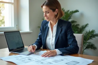 Femme professionnelle examinant des documents de permis de construire sur un bureau avec un ordinateur portable ouvert sur un site spécialisé