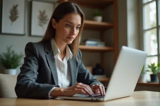 Femme en tenue professionnelle gérant des annonces immobilières