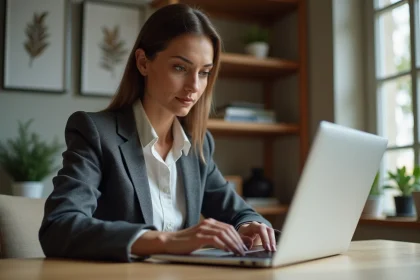 Femme en tenue professionnelle g&eacute;rant des annonces immobili&egrave;res