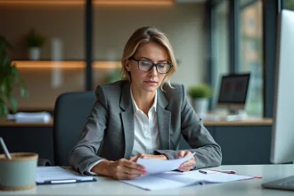 Femme d affaires vérifiant documents de location dans un bureau moderne