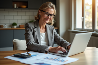 Femme en blazer analysant ses revenus locatifs dans un appartement moderne