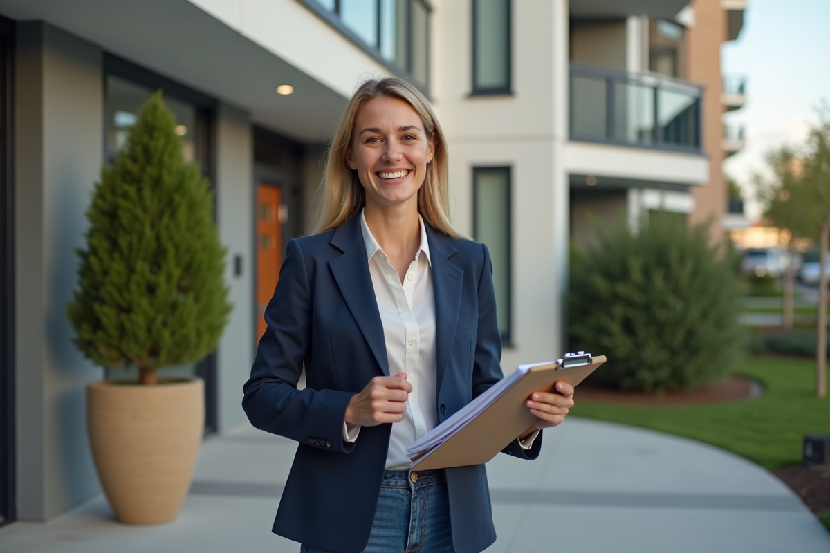 Jeune femme souriante devant un immeuble en location