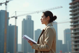 Femme en trench beige tenant des documents immobiliers devant un chantier