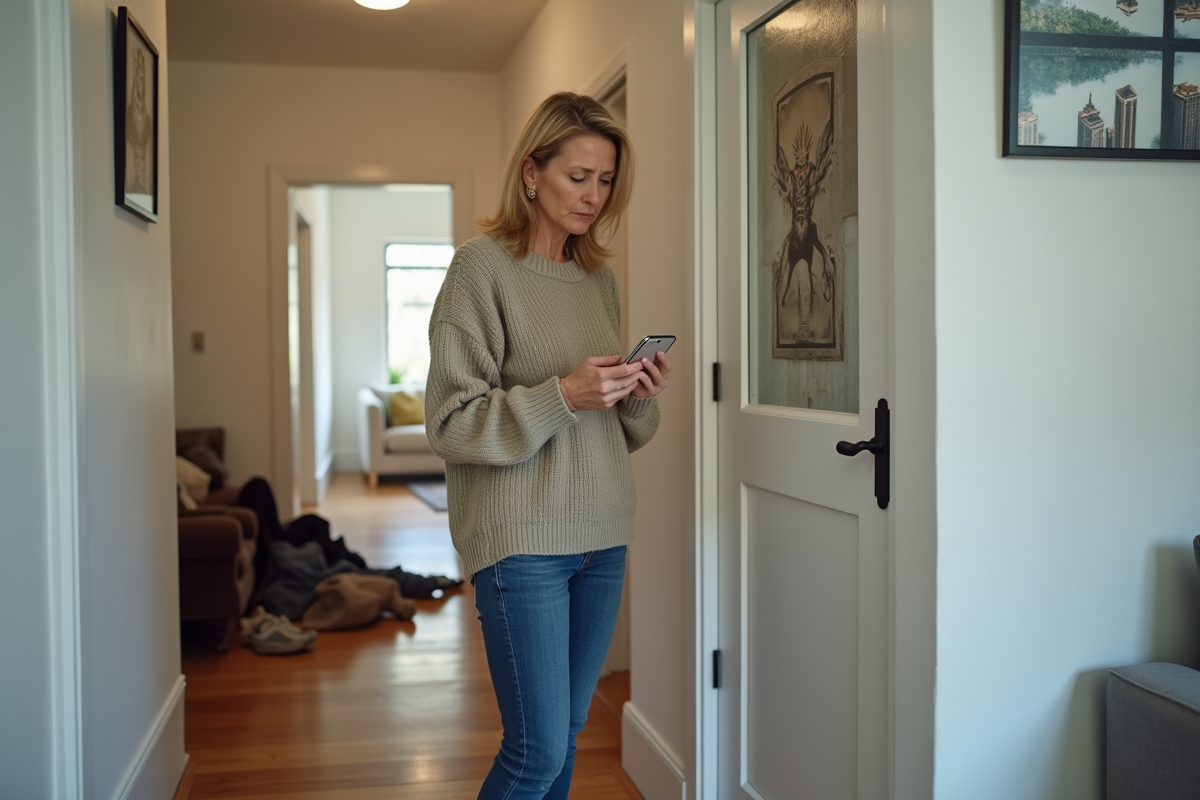 Femme inquiète regardant son smartphone dans un appartement