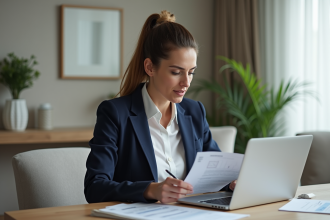 Femme d'affaires examinant des documents immobiliers à la maison