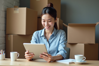 Jeune femme professionnelle vérifiant ses factures digitales