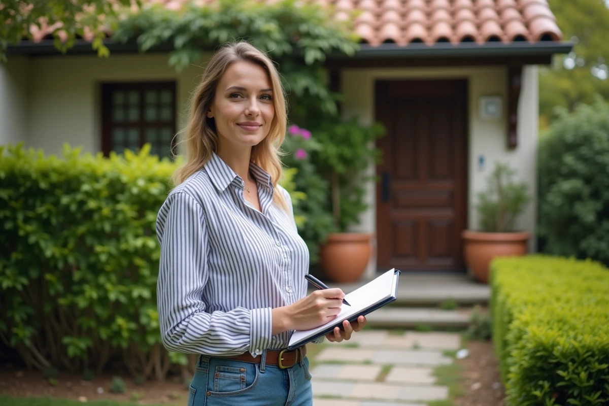 Femme avec carnet devant une maison et jardin verdoyant