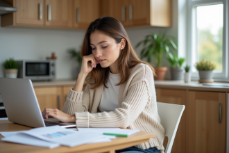 Femme lisant des documents d'assurance maison à la maison