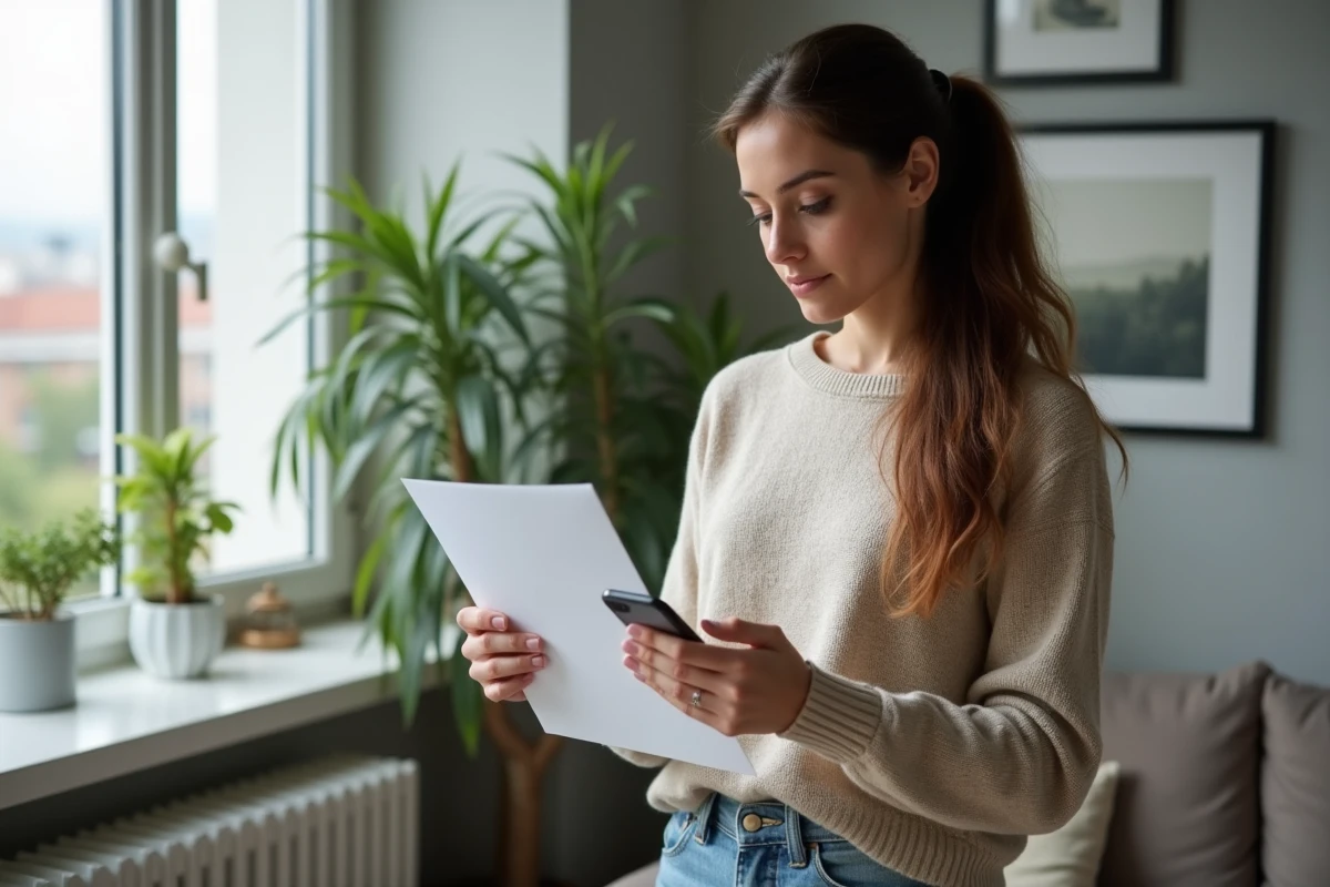 Femme tenant une lettre dans un appartement lumineux
