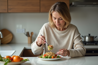 Femme d'âge moyen servant des légumes et grains dans une cuisine