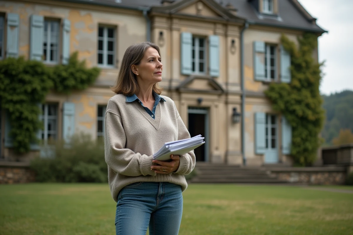 Femme devant un manoir français ancien en campagne
