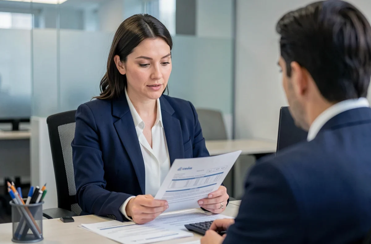 Femme négociant son taux immobilier CASDEN avec un conseiller bancaire dans une agence professionnelle