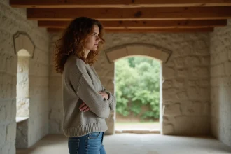 Femme méditant dans une maison normande traditionnelle