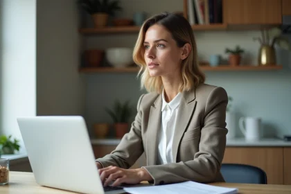 Femme en blazer tenant documents dans un appartement lumineux