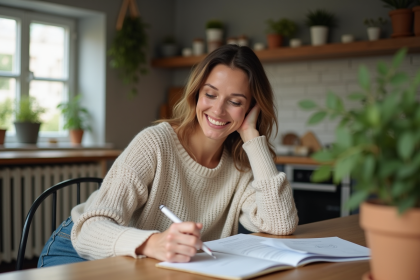 Femme souriante à la maison avec documents de prêt immobilier
