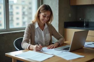 Femme signant une lettre dans une cuisine modeste