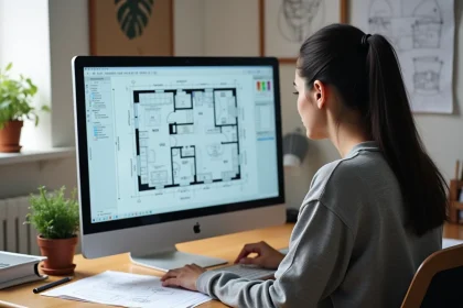 Femme travaillant sur un plan de coupe avec un logiciel gratuit sur ordinateur de bureau