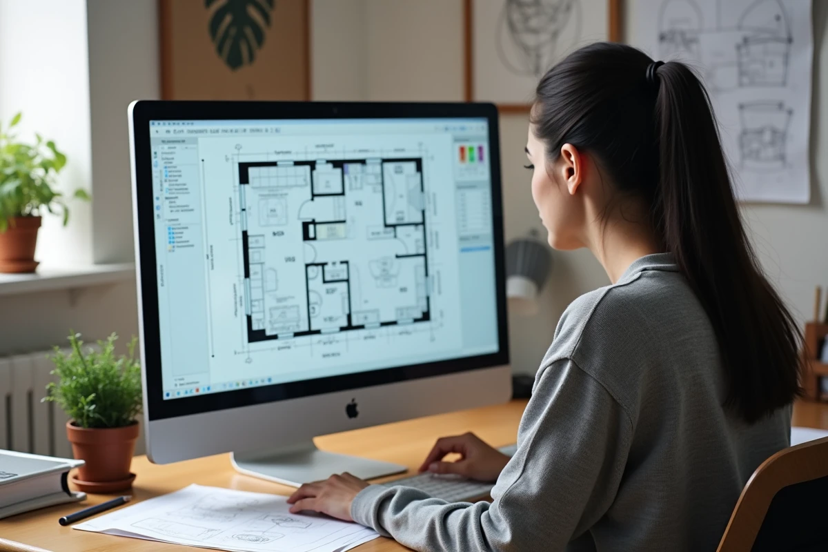 Femme travaillant sur un plan de coupe avec un logiciel gratuit sur ordinateur de bureau