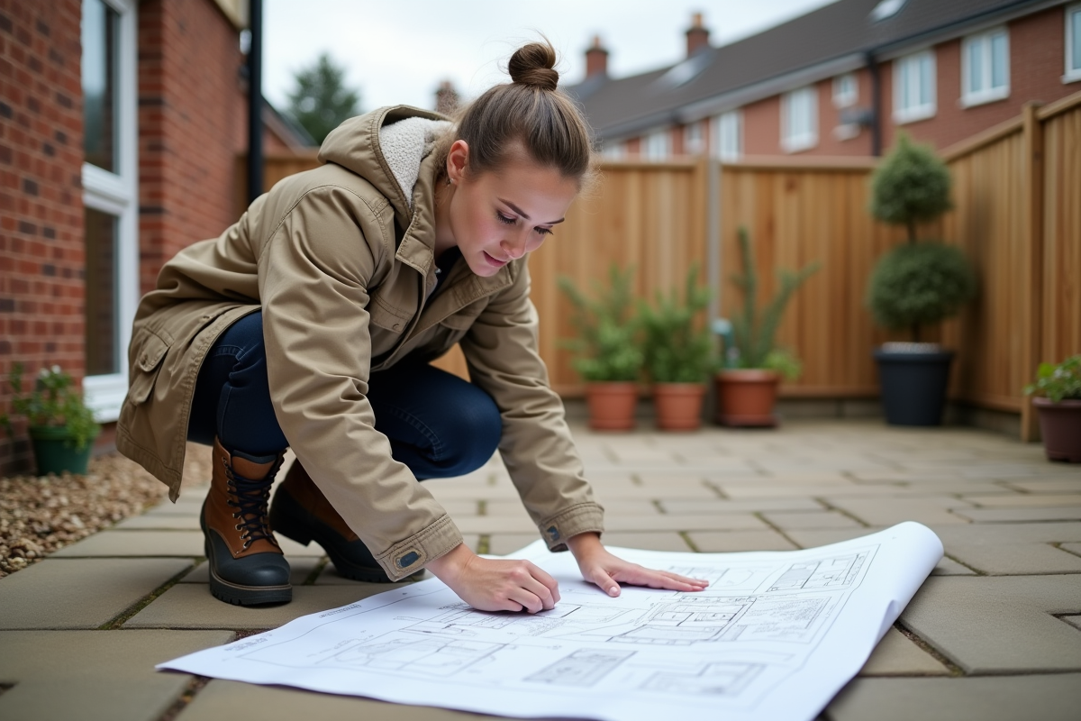 Jeune femme mesurant plans sur patio extérieur