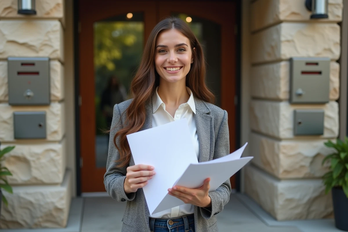 Femme souriante tenant un dossier dans l entr&eacute;e d un immeuble