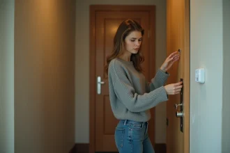 Femme devant une porte d'appartement après un changement de serrure par son ex-partenaire, tenant une clé qui ne fonctionne plus