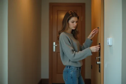 Femme devant une porte d'appartement après un changement de serrure par son ex-partenaire, tenant une clé qui ne fonctionne plus
