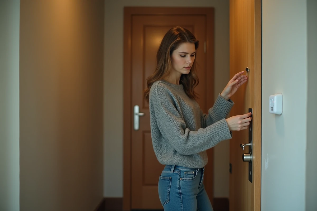 Femme devant une porte d'appartement après un changement de serrure par son ex-partenaire, tenant une clé qui ne fonctionne plus