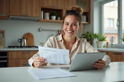 Femme souriante examinant des documents de prêt immobilier