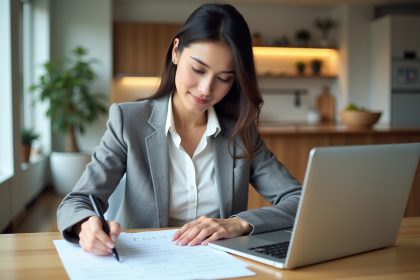 Jeune femme professionnelle en blazer blanc et gris regardant un tableau de location
