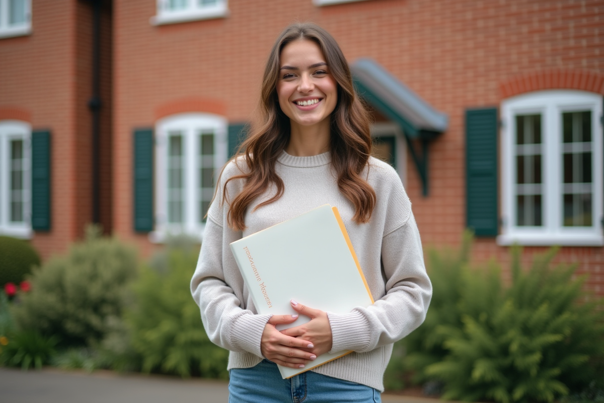 Jeune femme souriante tenant dossier devant sa maison neuve