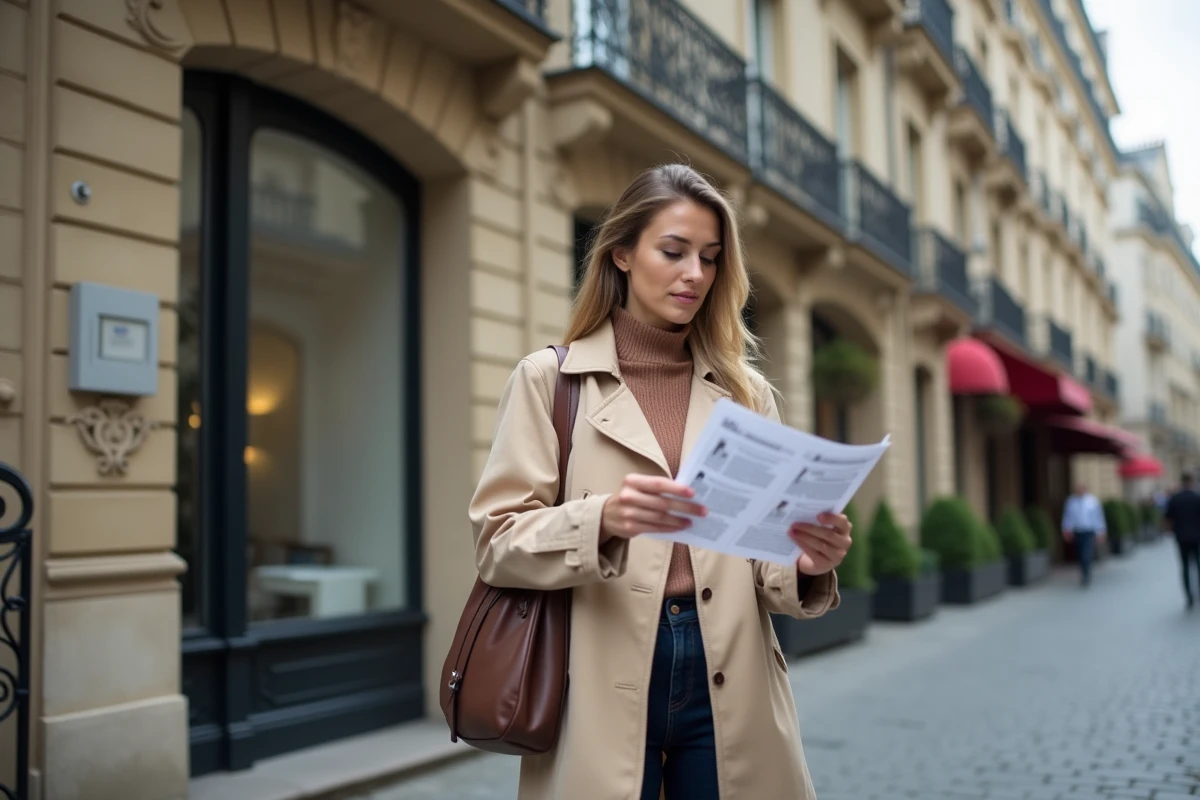 Femme consultant une annonce immobilière devant un immeuble haussmannien à Paris lors d'une recherche pour un premier achat