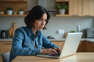 Femme concentrée recherchant des annonces de location