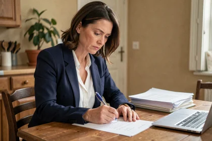 Femme rédigeant une lettre de préavis de résiliation de bail à son bureau dans un appartement