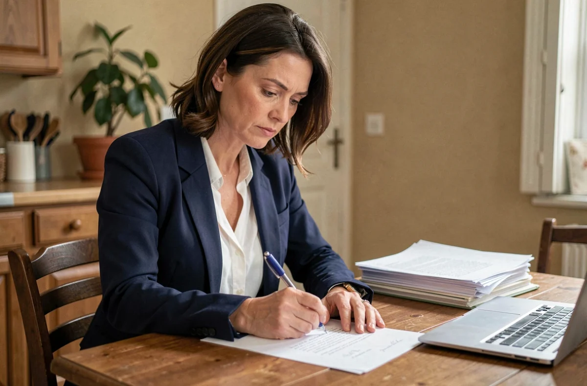 Femme rédigeant une lettre de préavis de résiliation de bail à son bureau dans un appartement
