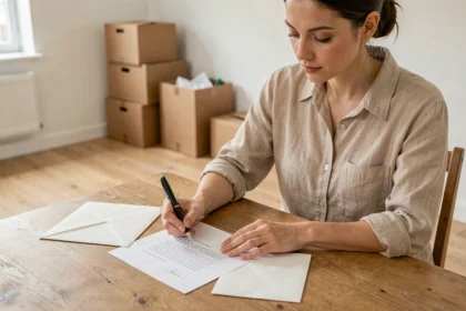 Femme rédigeant une lettre de préavis d'appartement à une table en bois entourée de cartons de déménagement