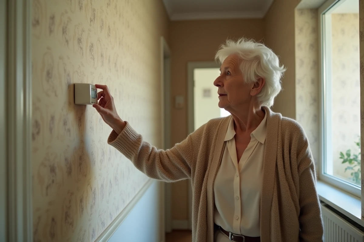 Femme &acirc;g&eacute;e ajuste un thermostat dans un couloir lumineux