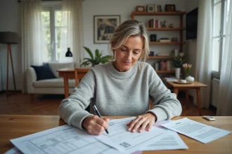 Femme remplissant le formulaire 3233-SD pour déclaration de copropriété dans un appartement moderne
