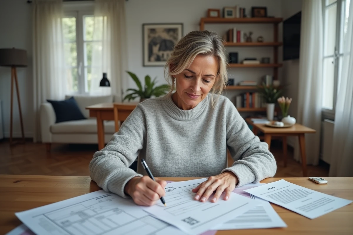 Femme remplissant le formulaire 3233-SD pour déclaration de copropriété dans un appartement moderne