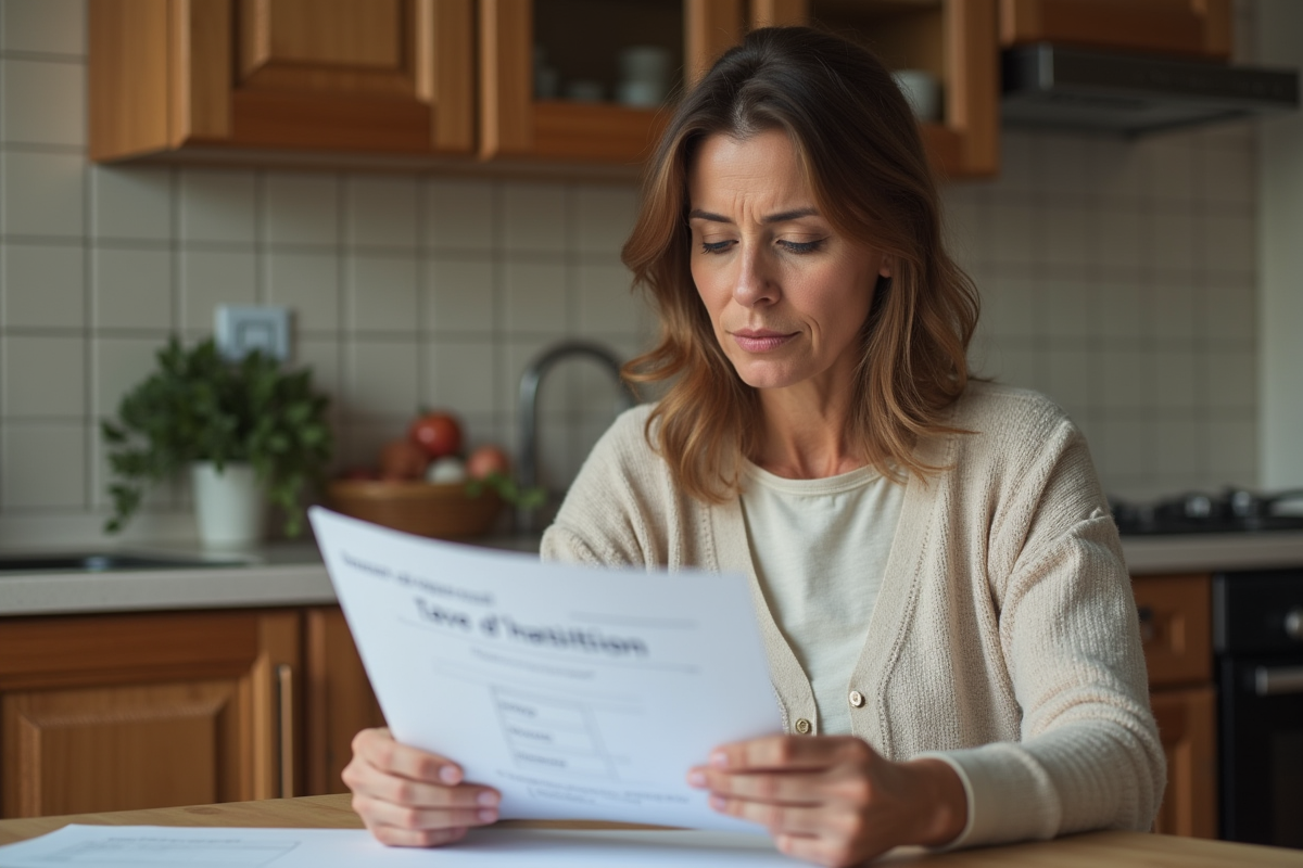 Femme assise à la cuisine examine une taxe d'habitation