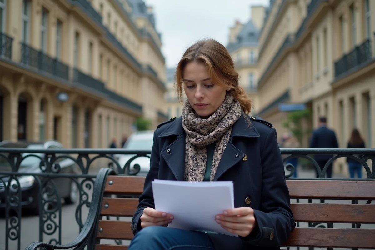 Femme en trench regardant des papiers à Paris