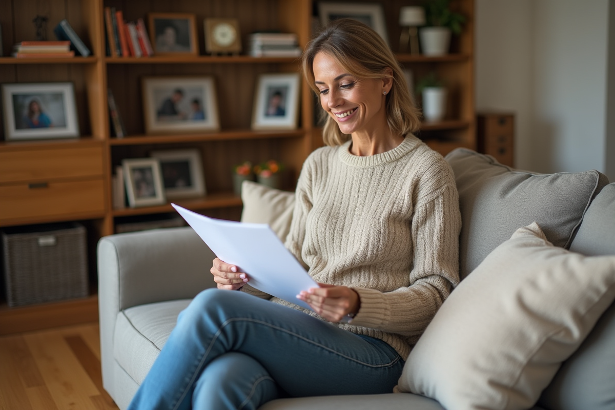 Femme d'âge moyen dans un salon cosy lit un papier