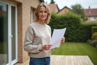 Femme debout sur terrasse avec lettre d'impot en main
