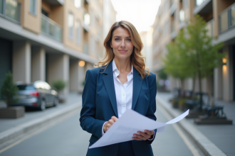 Femme professionnelle en blazer bleu dans la ville