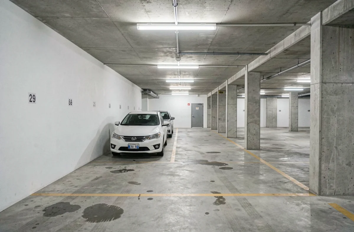 Intérieur d'un garage souterrain urbain avec places de parking bétonnées et marquages au sol jaunes