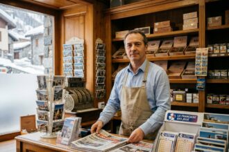 Gérant d'un bureau de tabac en Savoie derrière son comptoir, entouré de journaux et de produits tabac, avec vue sur une rue alpine enneigée